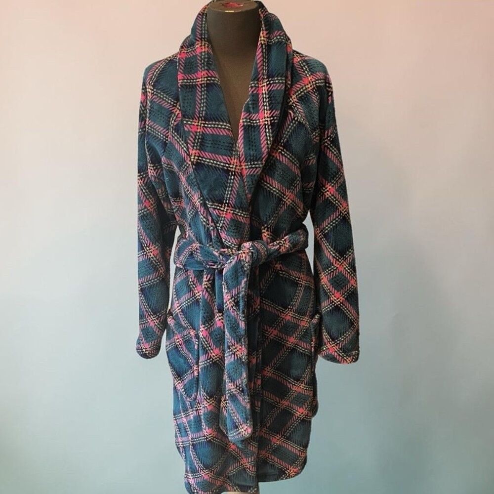 Victoria’s Secret Short Cozy Plush Robe M/L Green/Pink Plaid Shawl Collar